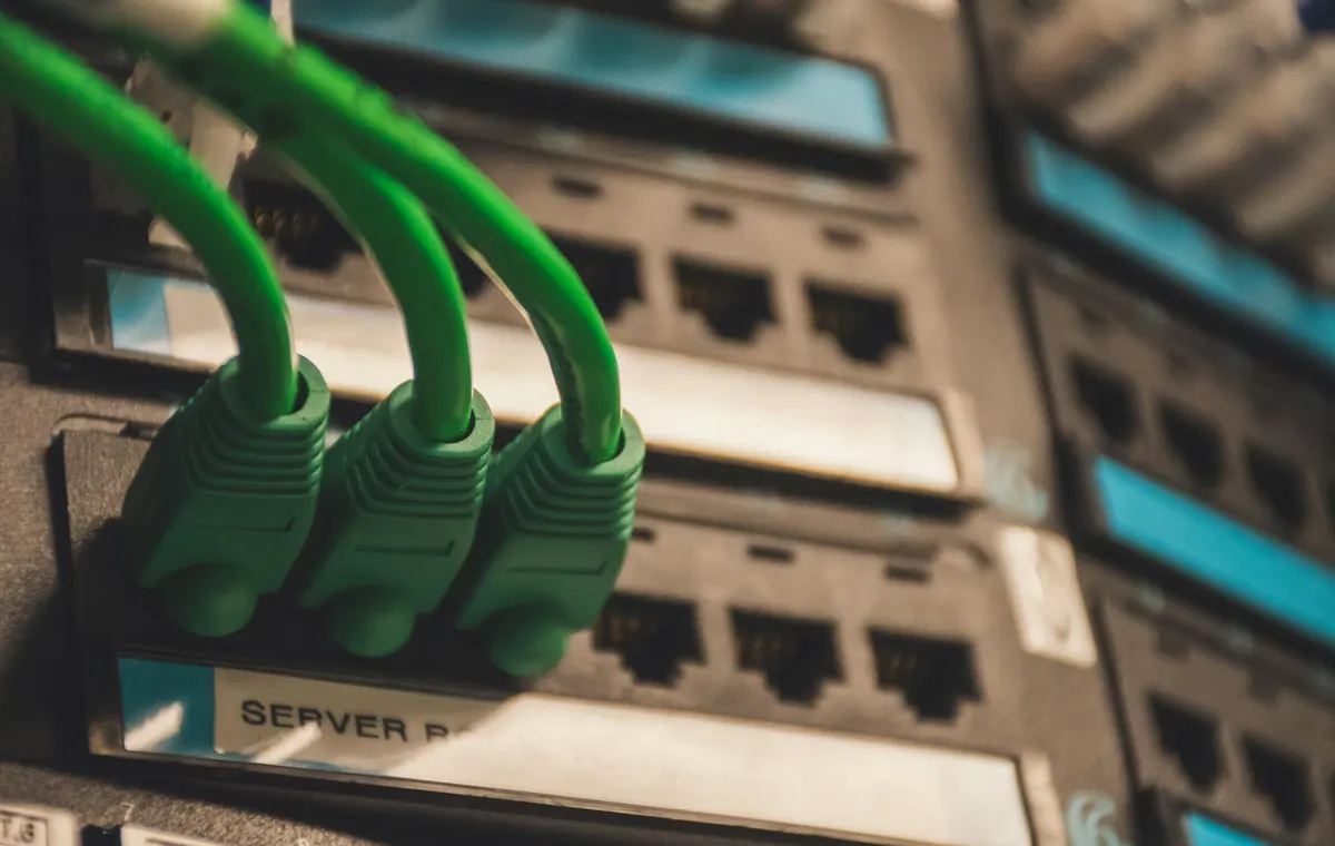 Green Ethernet cables routed into organized network ports